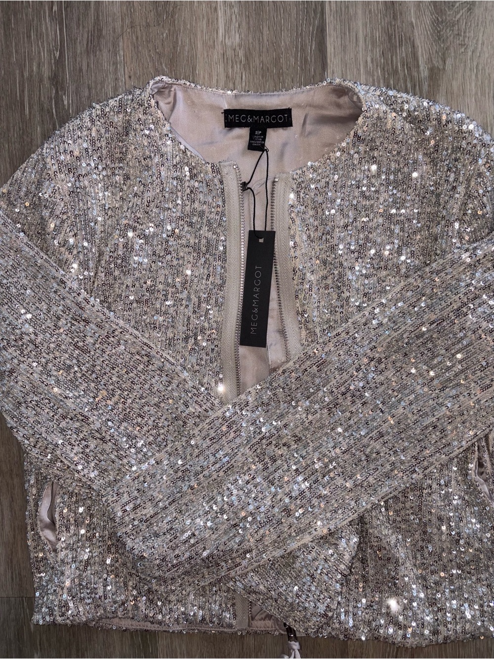 Meg & Margot Sequined Bomber Jacket - NWT Silver Sparkle size S